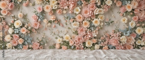 Pastel vintage floral artificial flower wall backdrop with lace , studio, elegant, artificial flowers
