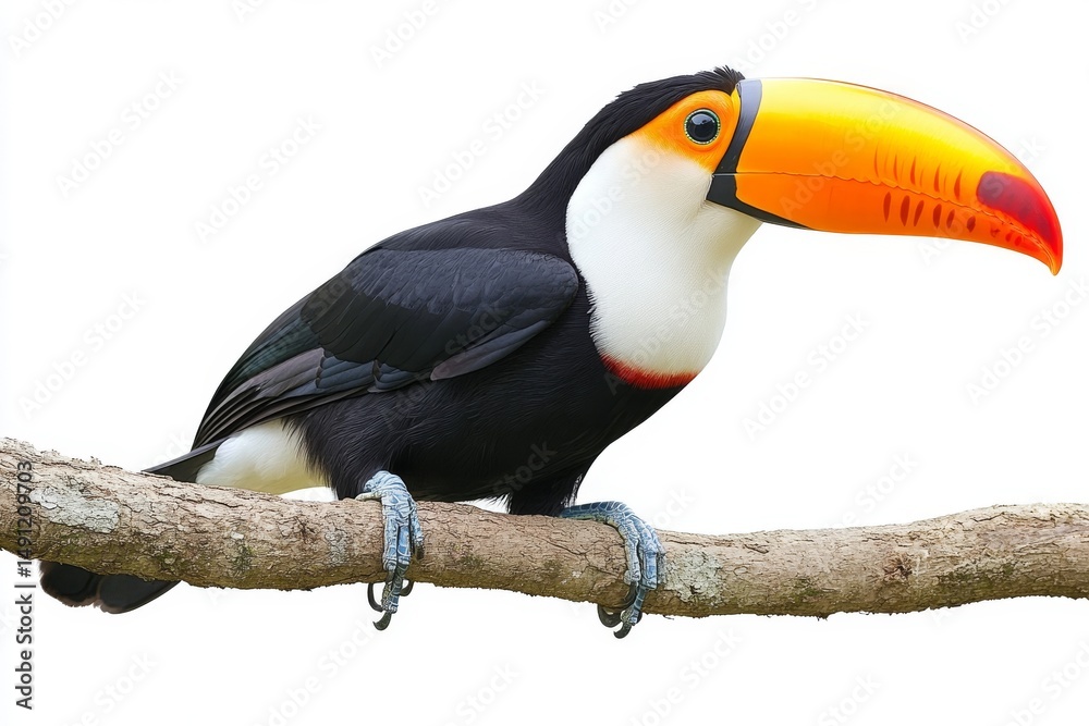 Obraz premium The image depicts a toucan bird sitting on a branch, enveloped by dense green foliage, embodying the essence of tropical beauty, lively spirit, exotic landscapes, liberation, and the splendor of the