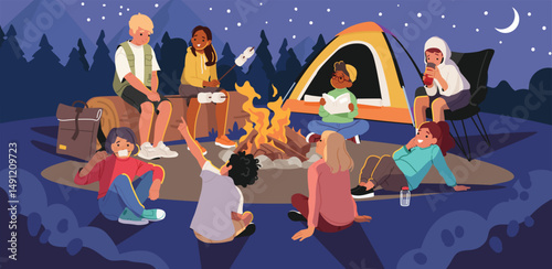 Summer camping cartoon scene with happy children roasting marshmallows by campfire evening