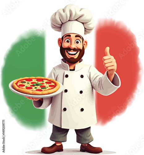 Italian chef holding pizza cartoon illustration with italian flag background for restaurant promotion use
