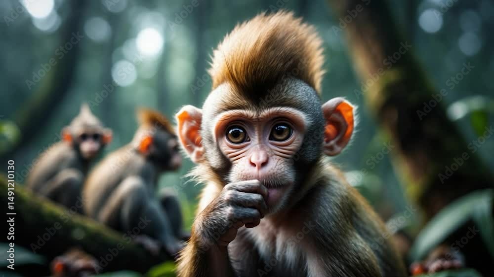 Cute monkeys A cute monkey inhabits a natural woodland.