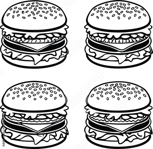 Four black and white outlined burgers with sesame seed buns on a white background in a square format