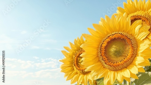 Three large sunflowers blooming against a soft blue sky with gentle white clouds. Sunny floral scene showing yellow petals and brown centers. photo
