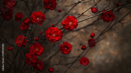 Dark Red Flowers Blooming on Branches Artistic Botanical Photography