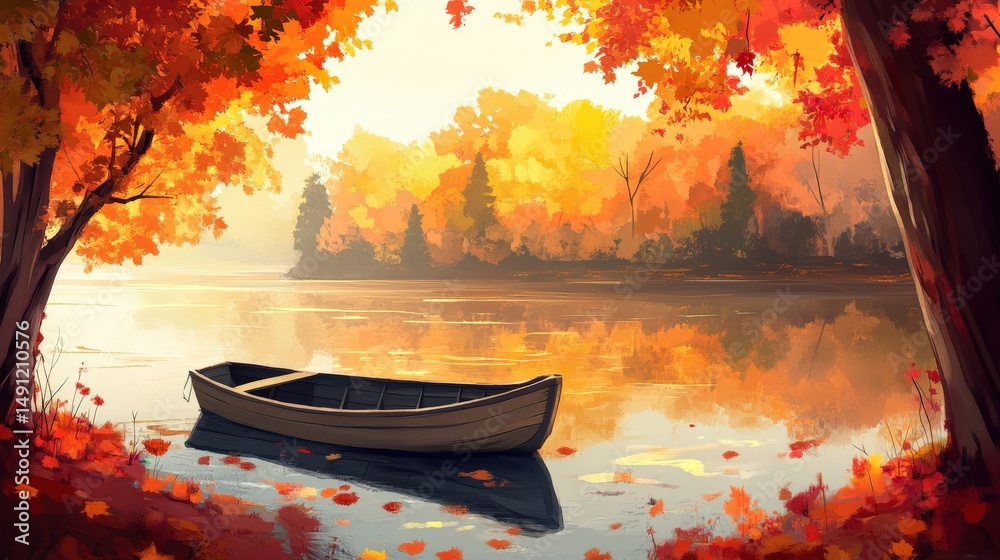 Obraz premium Autumnal scene by a still lake with a small boat.