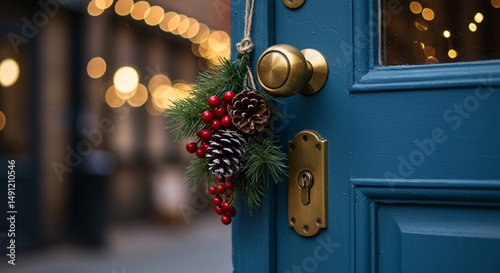 Festive holiday wreath adorning a blue door with warm bokeh lights in the background