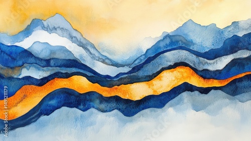 Vibrant Watercolor Landscape with Mountains and Flowing River