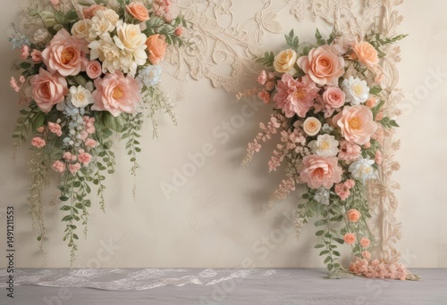 Pastel-colored vintage lace and artificial flower wall, floral arrangement backdrop , cute, still life, bloom