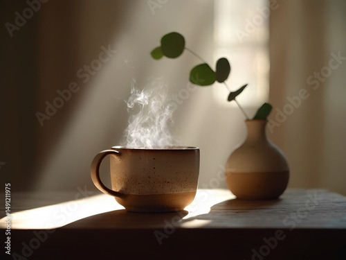 Steam rises from a warm cup beside a small vase with greenery in a sunlit room during morning hours