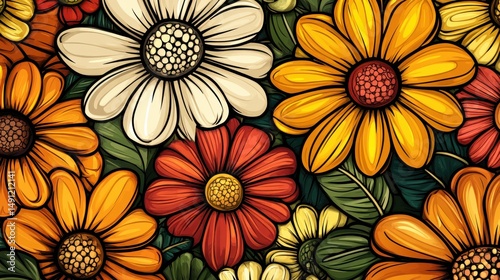 Colorful Floral Background with Bright Flowers and Green Leaves