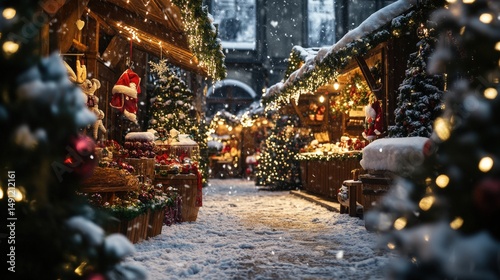 Snowy Christmas market alleyway lined with twinkling lights.