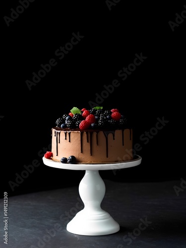 A beautifully crafted chocolate cake sits on a white stand, topped with an assortment of fresh blackberries, raspberries, and mint leaves, creating a striking contrast against a black background.