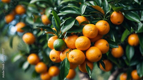 Group of mature oranges hanging on a tree