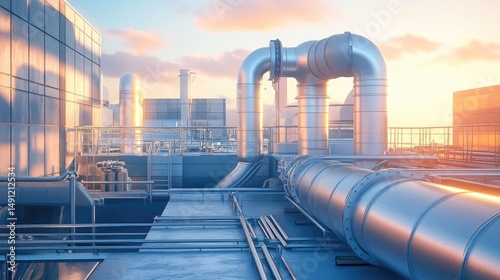 Sunset Industrial Skyline: Modern Factory Rooftop with Pipes and Structures