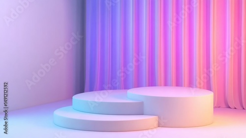 Colorful Minimalist Stage with Soft Lighting and Gradient Curtains