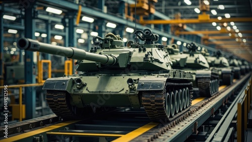 Row of military tanks on assembly line in factory. Defense industry.