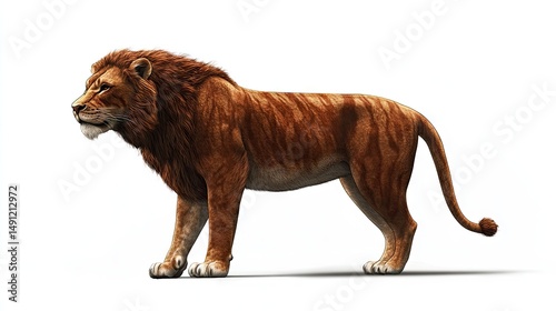 Side view of a majestic lion against a white background.