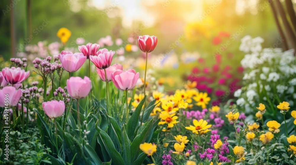 Obraz premium Vibrant Spring Garden with Mixed Colorful Tulips and Wildflowers