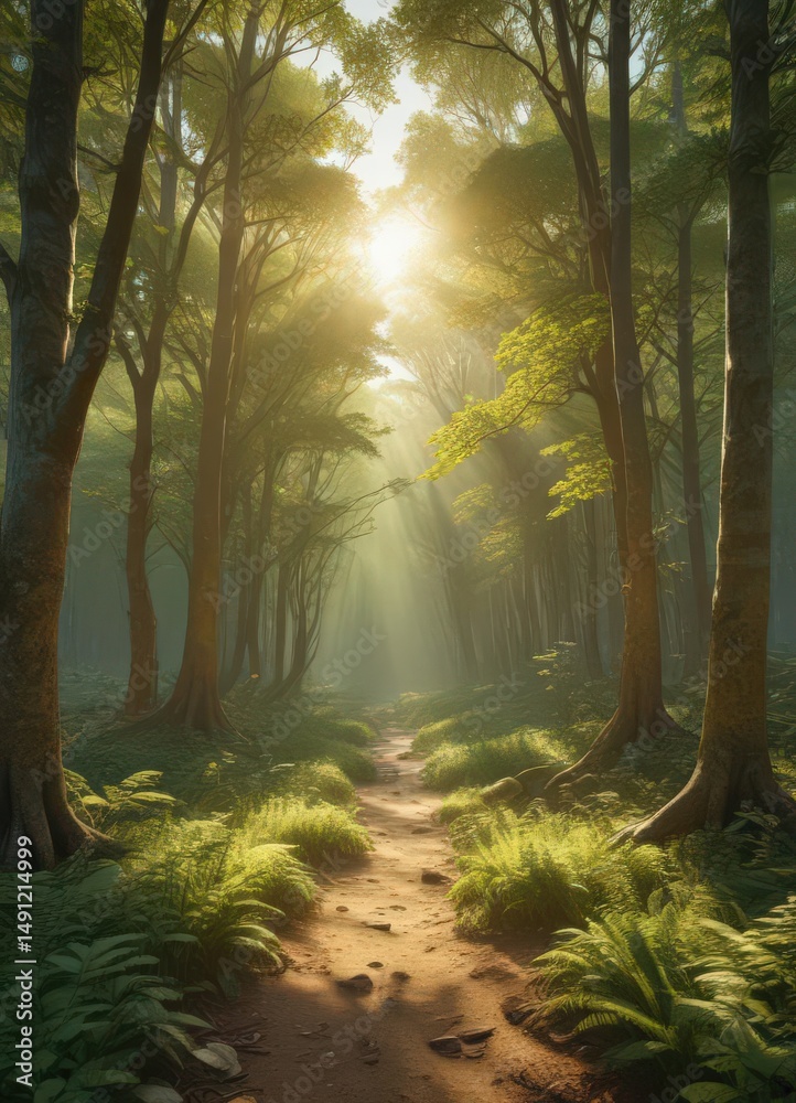 Obraz premium Golden sunlight streams through emerald canopy, illuminating dappled forest floor , leaves, landscape