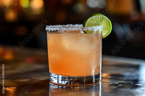 Close up of a cocktail with a salt rim and a lime wedge on a reflective surface in a bar setting