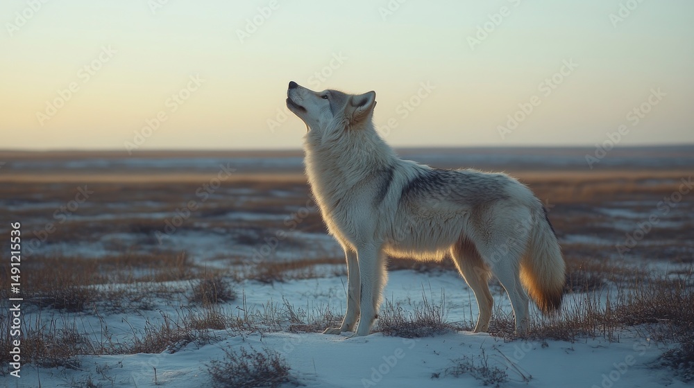 Fototapeta premium A solitary wolf stands amidst a snow-covered tundra, symbolizing resilience, solitude, wilderness, freedom, and winter's harsh beauty, as seen in the image Lone Wolf in Winter Tundra