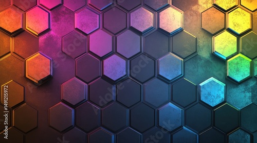 Colorful Hexagonal Pattern with Metallic Texture and Gradient Effects