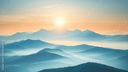 Serene Mountain Landscape Under Soft Sunrise Light Over Horizon
