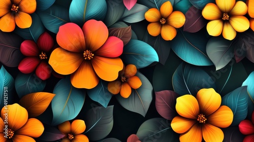 Colorful Floral Design with Vibrant Flowers and Leaves Background