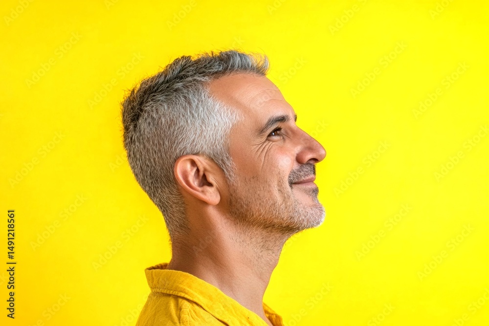 Fototapeta premium Chic men's mullet haircut - midlife arabian man with short hair. Concept art of style for aging men. Yellow solid background. A classic and stylish male with a natural smile.