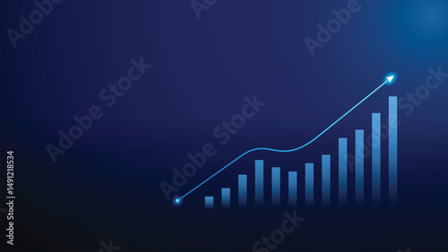 Futuristic bar chart with glowing upward arrow background. Business growth, financial success, and progress. 