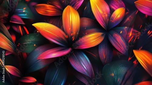 Vibrant Colorful Leaves with Artistic Lighting in Dark Background