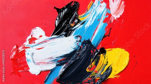 Vibrant Colorful Paint Strokes on Bold Red Canvas Background