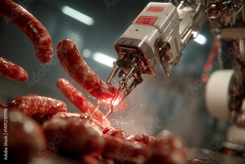 In a high-tech food production facility, a robotic arm skillfully grasps and processes sausages. The setting emphasizes automation and efficiency in food manufacturing