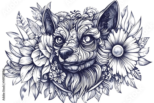 Detailed monochrome drawing of a dog's head surrounded by flowers and intricate line work design
