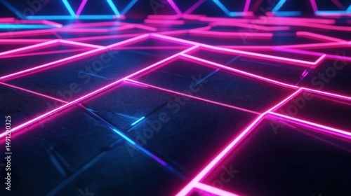 Neon Light Grid Pattern on Dark Surface Background for Designs