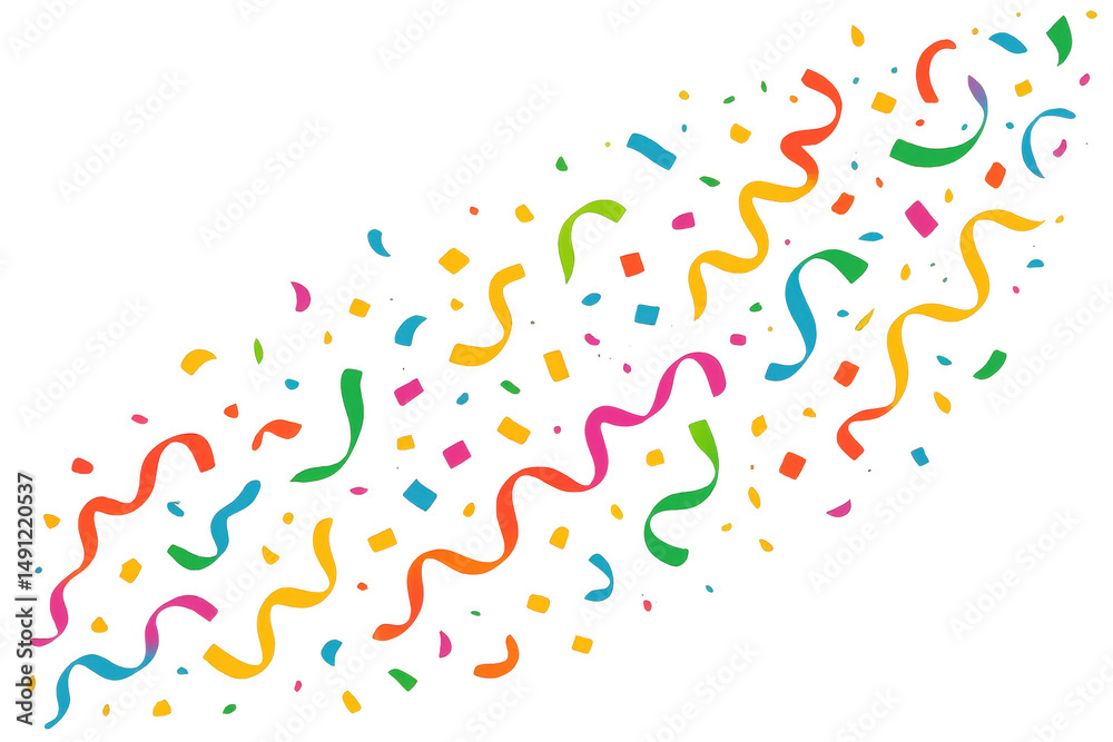 Fototapeta premium Festive confetti and ribbons cascading, generating vibrant party mood against transparent background for decorative graphic design