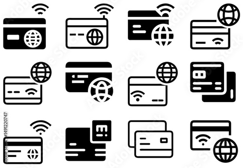 Credit Card Icon Set – Modern Payment Card with Chip Vector:
Vector icons of modern credit cards with chips, illustrating secure payments, finance, and banking for web, app, or print use.