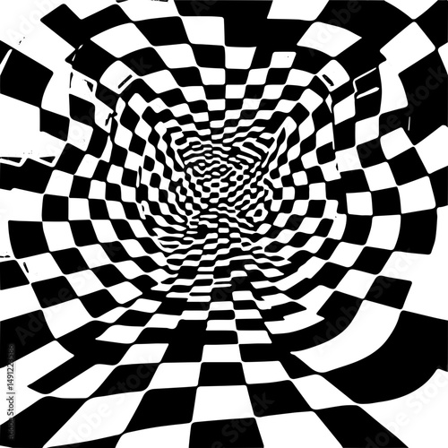 Checkerboard illusion pattern with warped perspective, high contrast black and white
