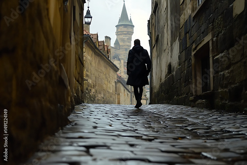A person walks down a cobblestone street towards a castle in the distance on an overcast day