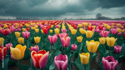 A videograph showcasing the beautiful tulip fields amidst a gloomy, rainy day, teeming with colorful blooms. photo