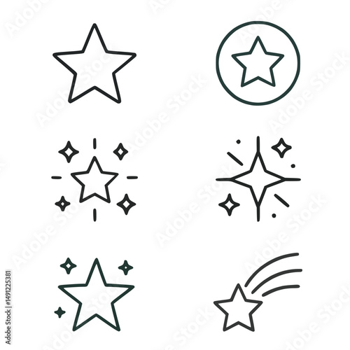Minimalist set of star and sparkle icon illustrations with different designs including shooting star , multiple sparkles, outlined in simple line style. Concept of shine, magic, celestial inspiration.