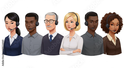 Call Center Operators with Headsets Working Customer Support Vector Illustration