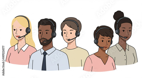 Call Center Operators Team Wearing Headsets Vector Illustration