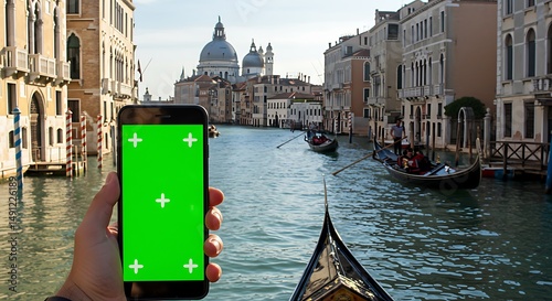 Smartphone mockup with green screen in venice canal scene