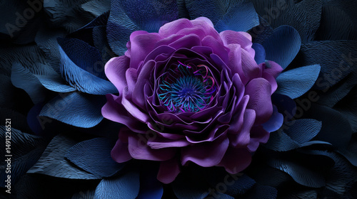 Abstract background with purple layered fabric, folded in shape flower. Modern wallpaper with blue layers and folds isolated on dark black backdrop. Multilayer effect, 3d render illustration