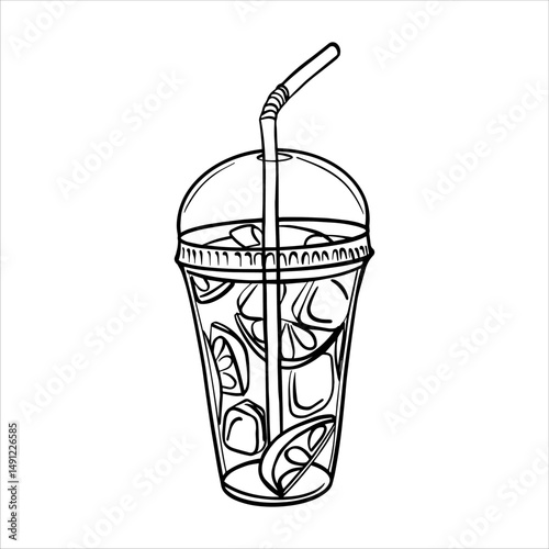 Cold lemonade sketch. Plastic glass of cold lemonade with ice and lemon slices. Cold drink to go outline drawing painted by black inks. Mojito cocktail hand drawn vector Outline line illustration