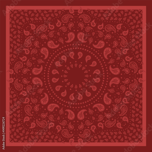 Red scarf or bandana design with paisley mandala pattern. Ethnic monochrome carpet design. Abstract boho background.