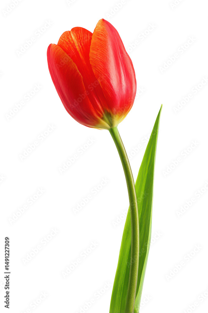 Naklejka premium Vibrant Red Tulip A Single Bloom Isolated on White Background
