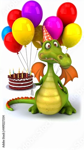 dragon birthday party with cake and balloons cartoon 