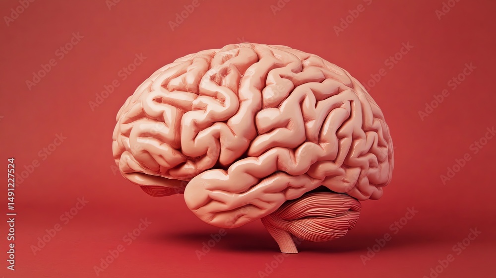 A realistic, isolated human brain model sits on a vibrant red background. A realistic, isolated human brain model sits on a vibrant red background.